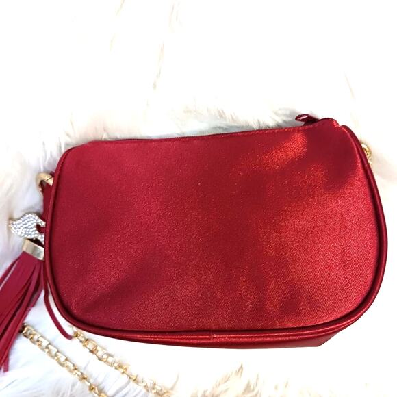 DIOR CROSSBODY Purse 6.5x4 Red Satin Beaute bag added Crystal Tassel Gold Chain - Picture 13 of 16